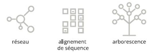 Motif de réseau à 3 branches pour réseau, des cubes pour alignement de séquence et un arbre pour l’arborescence
